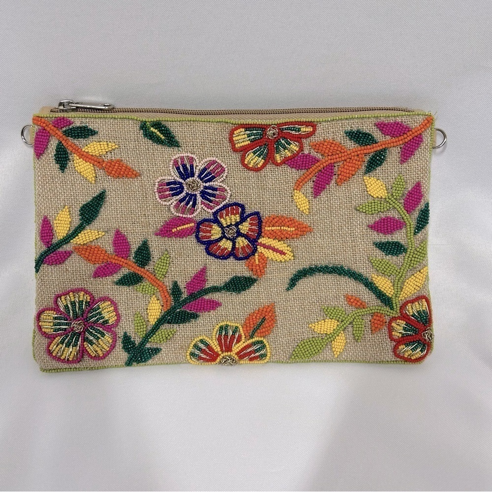 Prep Obsessed | Hand Beaded Floral Burlap Bag Multicolored Flowers Zipper Clutch